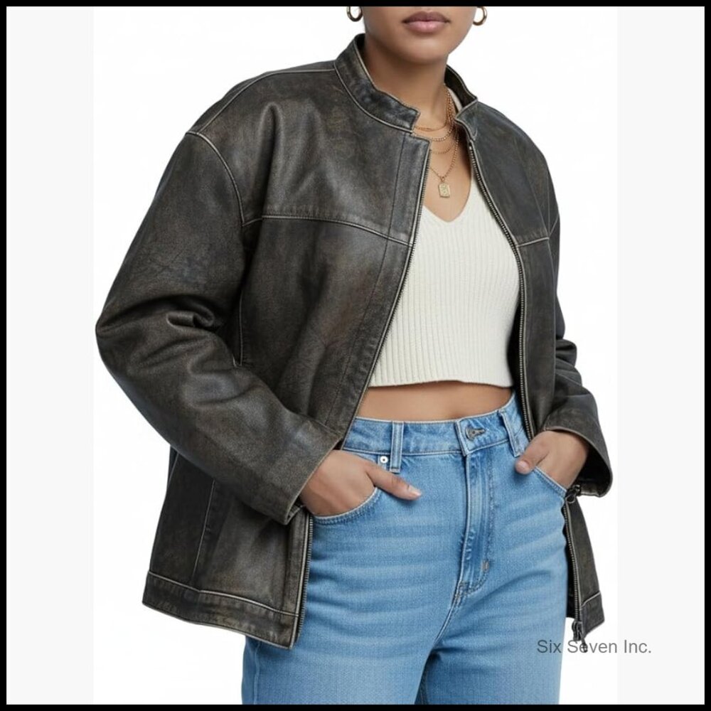 Oversized Lambskin Leather Bomber Jacket Distressed Vintage Drop Shoulder
